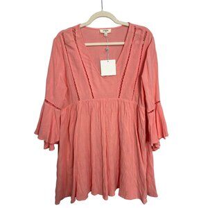 Umgee USA V Neck Bell Sleeve Babydoll Mini Dress Women M Lace Inset Feminine NEW